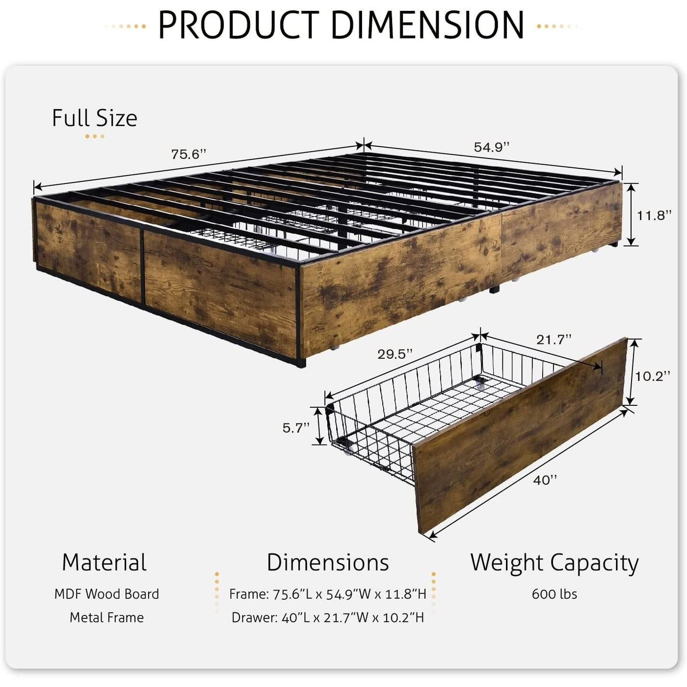 Full Metal and Wood Bed Frame with 4 Drawers