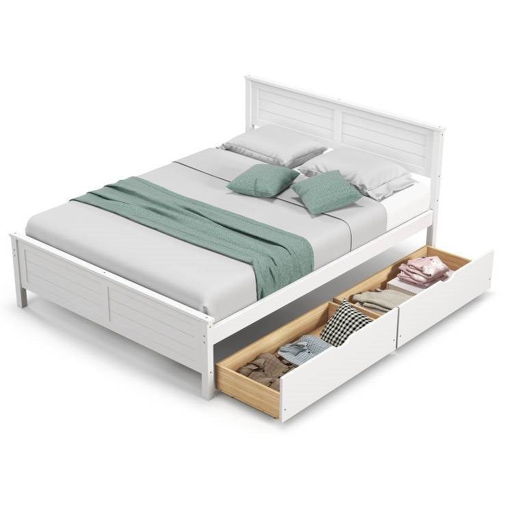 Full White Platform Bed with 2 Storage Drawers
