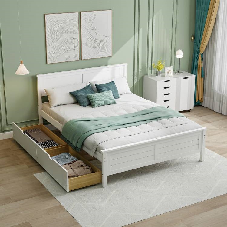 Full White Platform Bed with 2 Storage Drawers