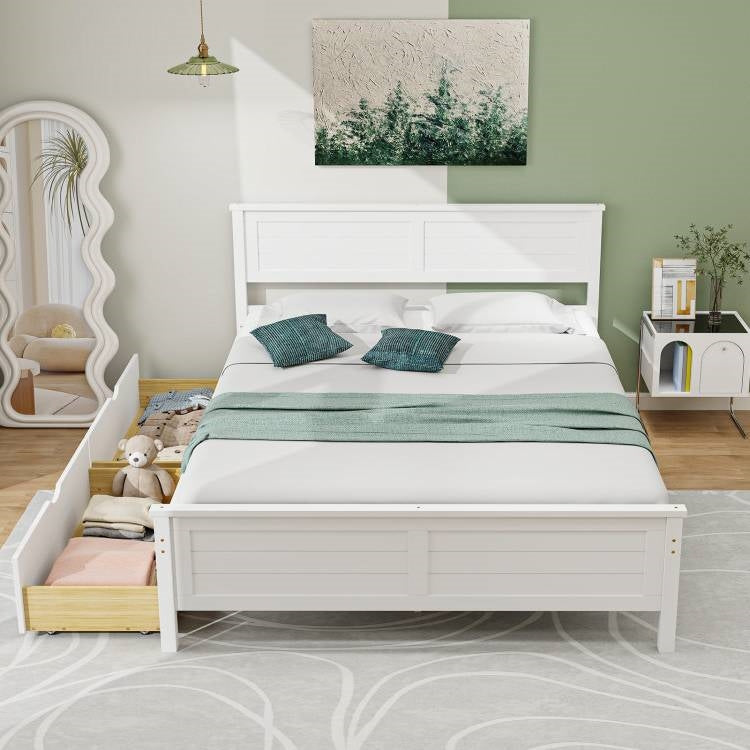 Full White Platform Bed with 2 Storage Drawers