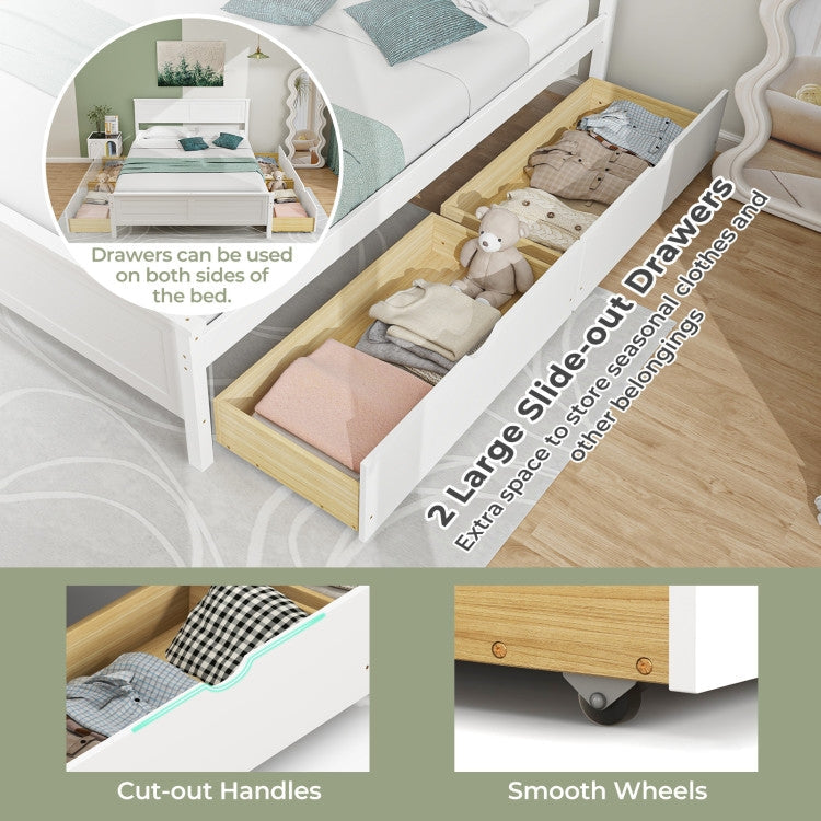 Full White Platform Bed with 2 Storage Drawers
