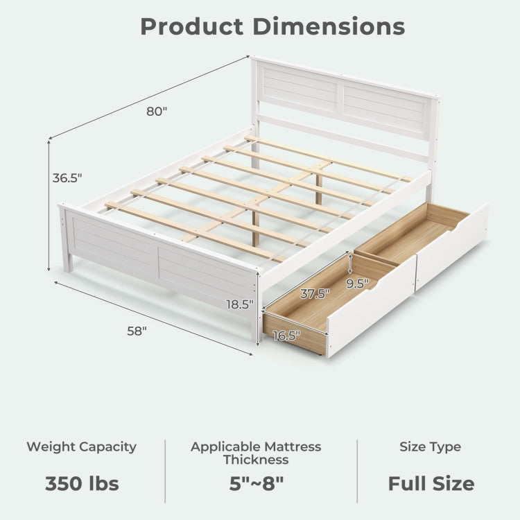 Full White Platform Bed with 2 Storage Drawers