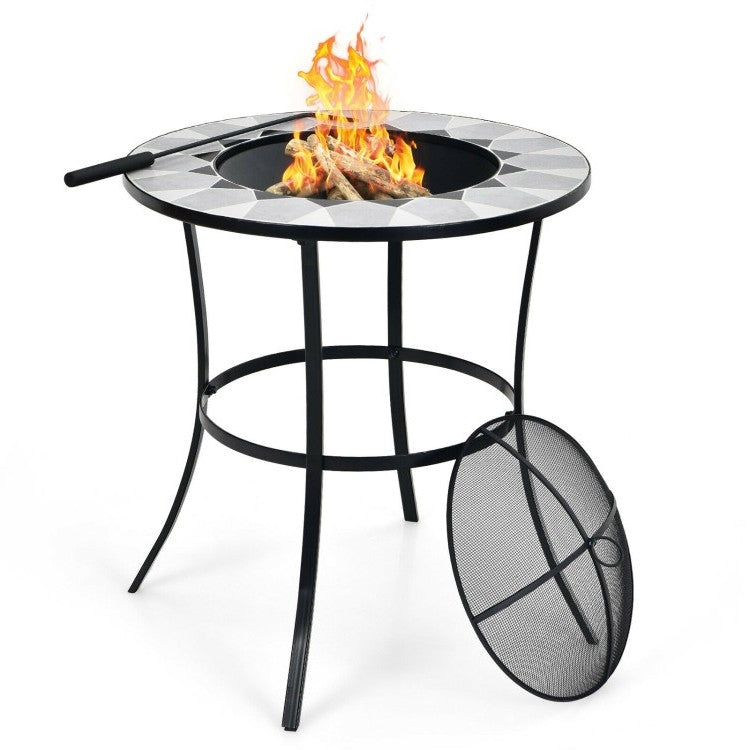 Round Fire Pit Table with Mesh Cover and Poker