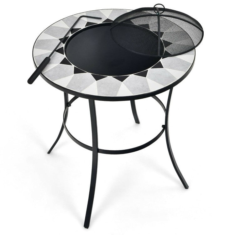 Round Fire Pit Table with Mesh Cover and Poker