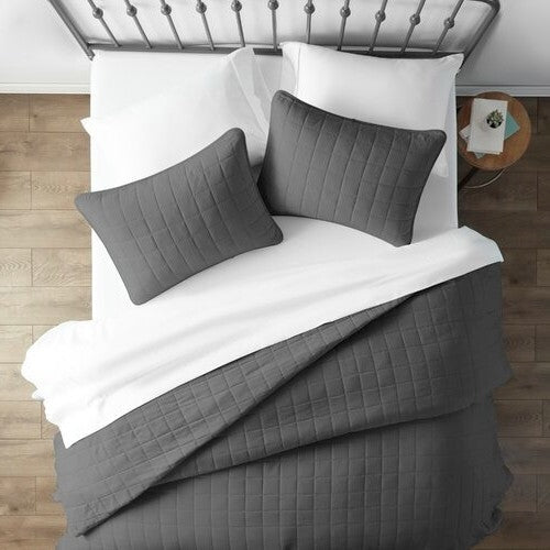 Grey Full/Queen Farmhouse Bedspread Set, 3 Pieces