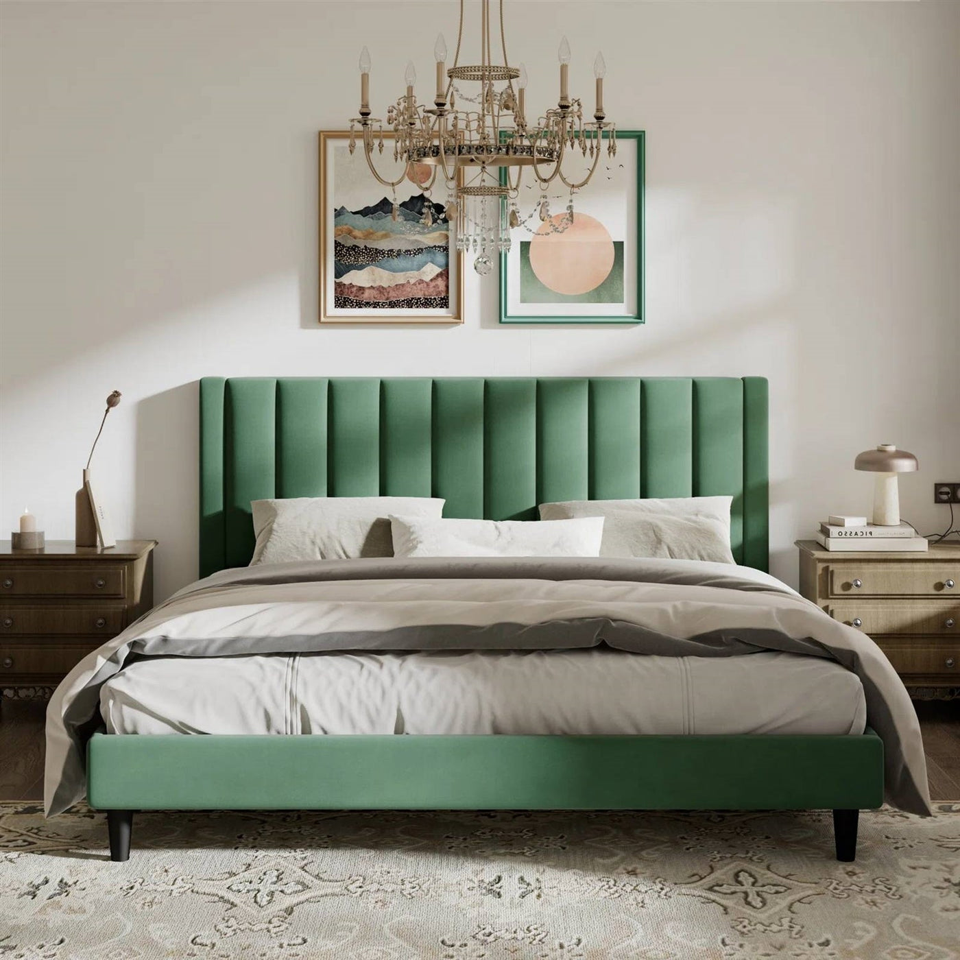 King Green Velvet Platform Bed with Headboard