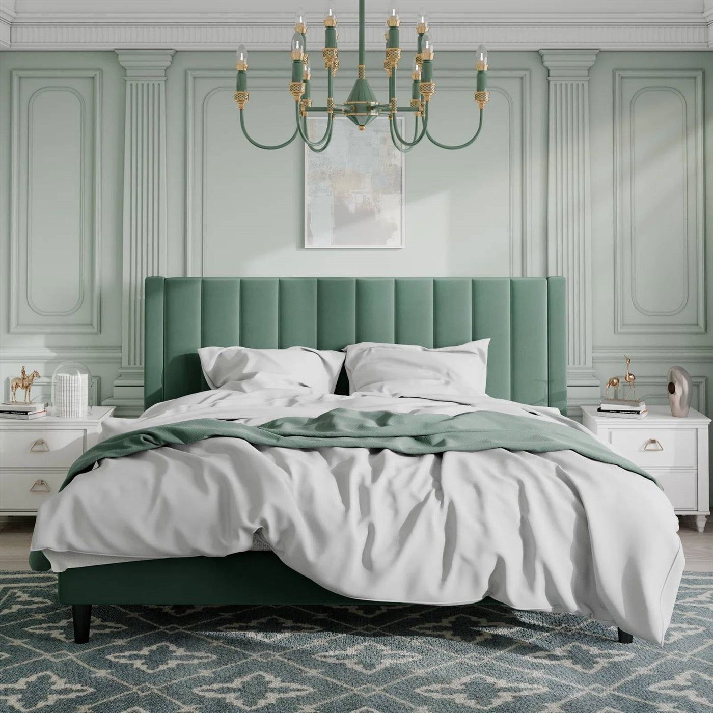 King Green Velvet Platform Bed with Headboard