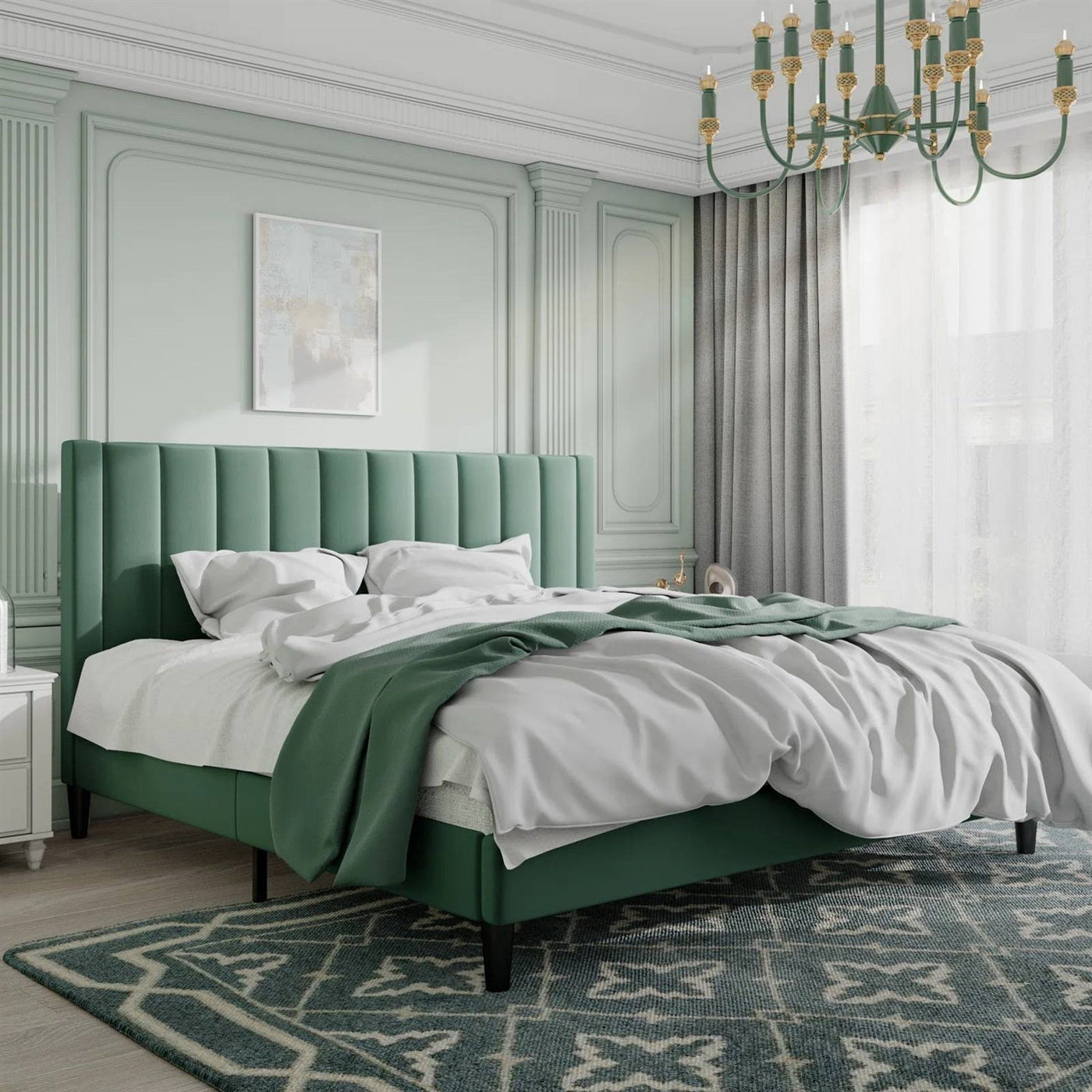 King Green Velvet Platform Bed with Headboard