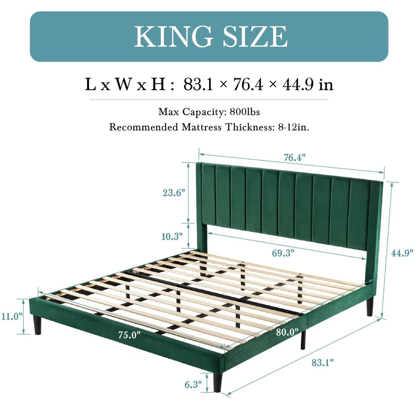 King Green Velvet Platform Bed with Headboard