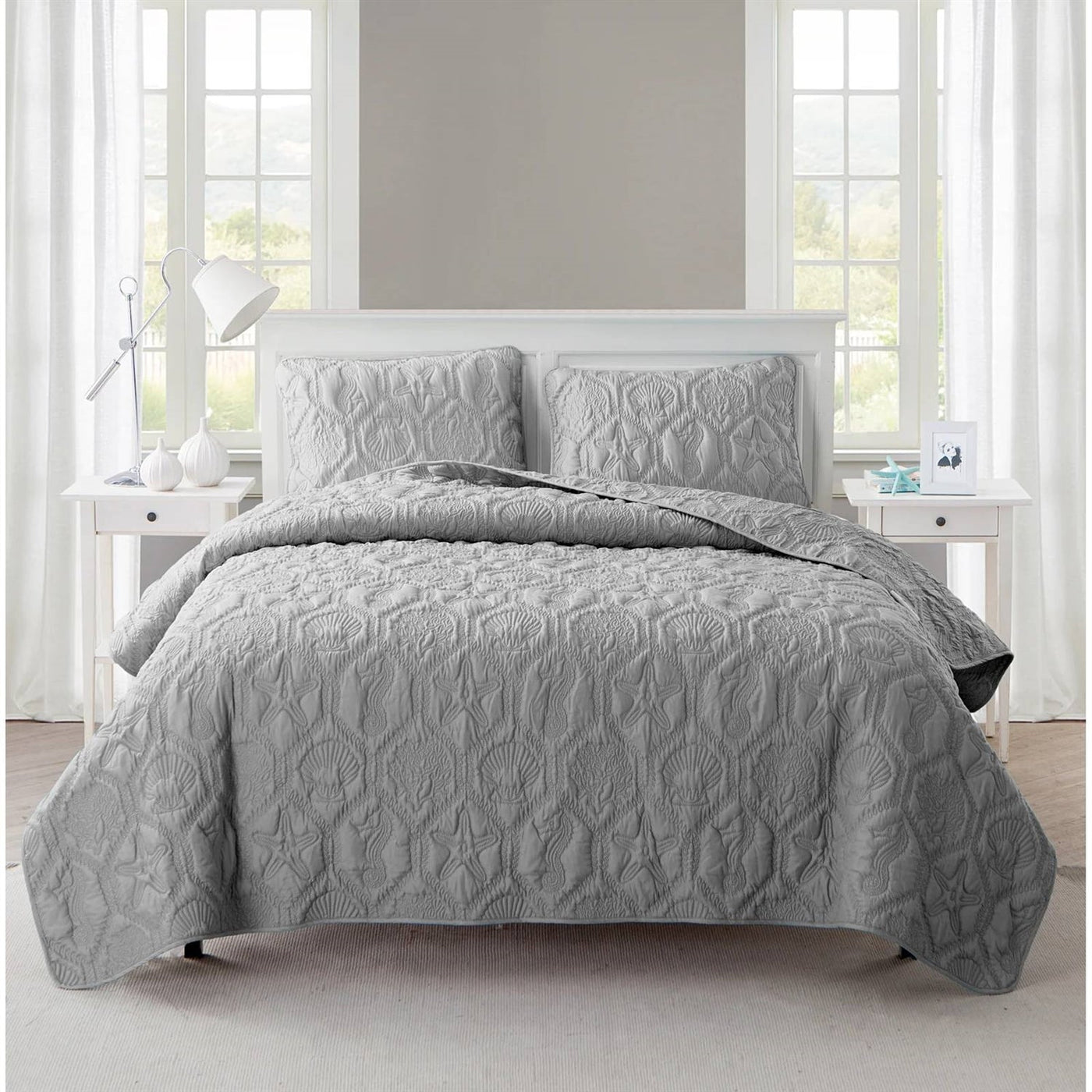 King Grey Coastal 3-Piece Quilt Set