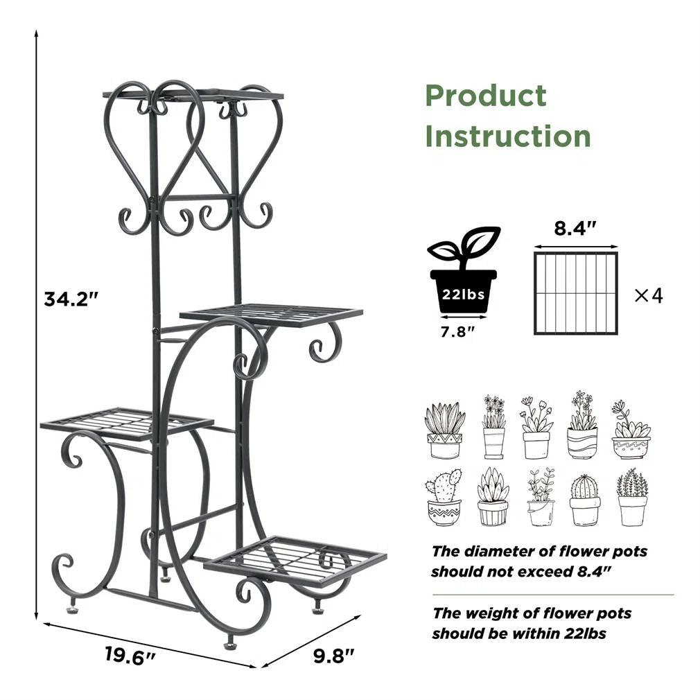 Black Metal Plant Stand, 4 Shelves