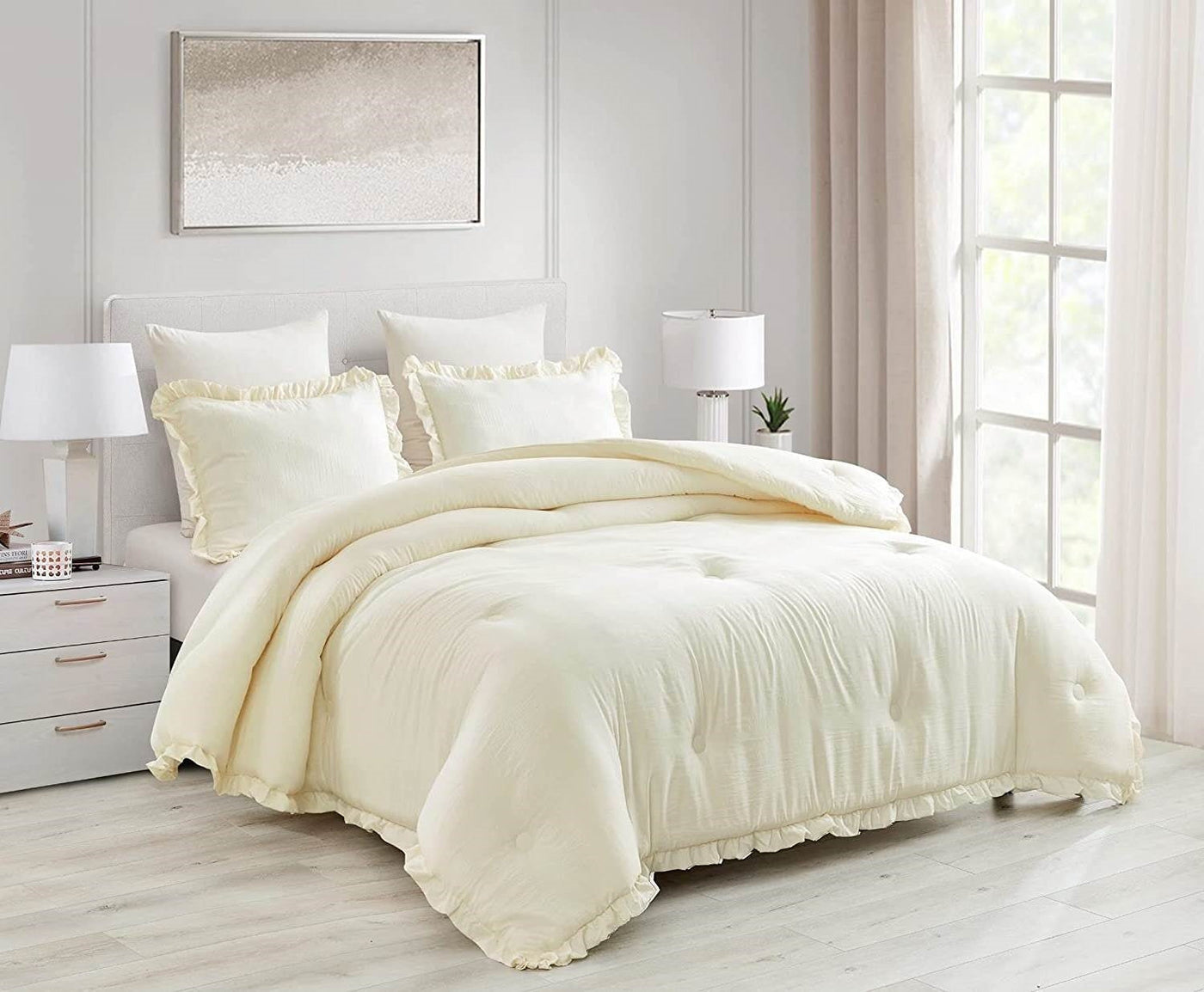Oversized Queen Ivory Ruffled Comforter Set, 3 Pieces