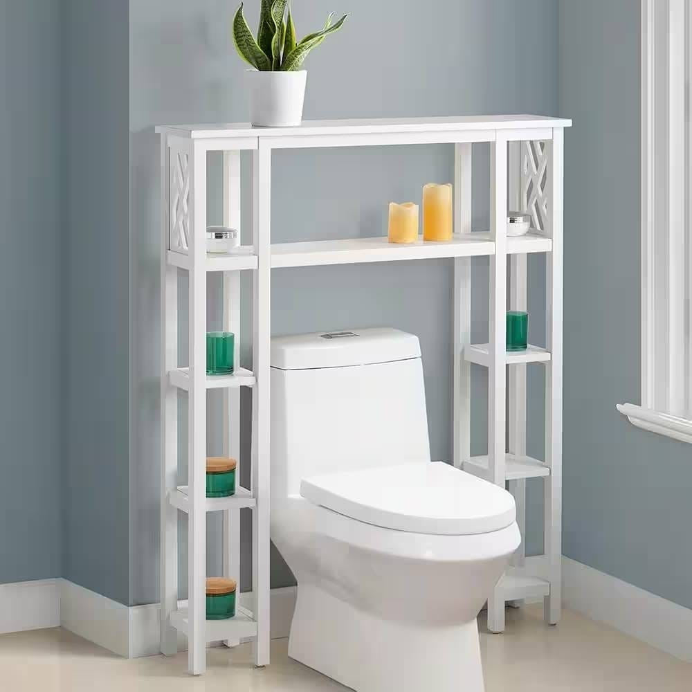 White Wood Over-Toilet Shelving Unit, 9 Shelves