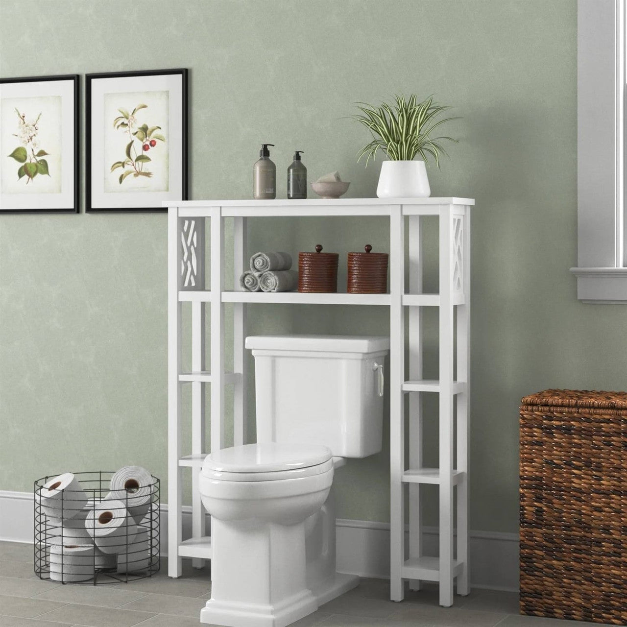 White Wood Over-Toilet Shelving Unit, 9 Shelves