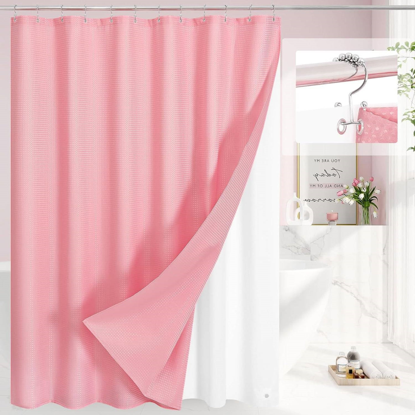 Pink Waffle Shower Curtain Set with Liner, 72 x 72