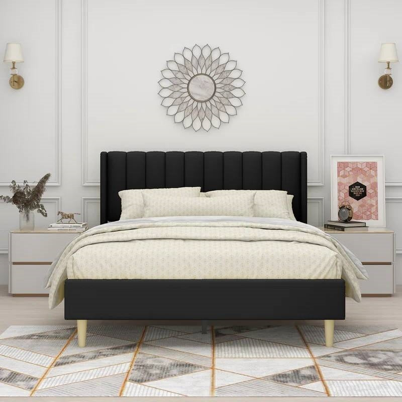 Queen Black Linen Platform Bed with Headboard