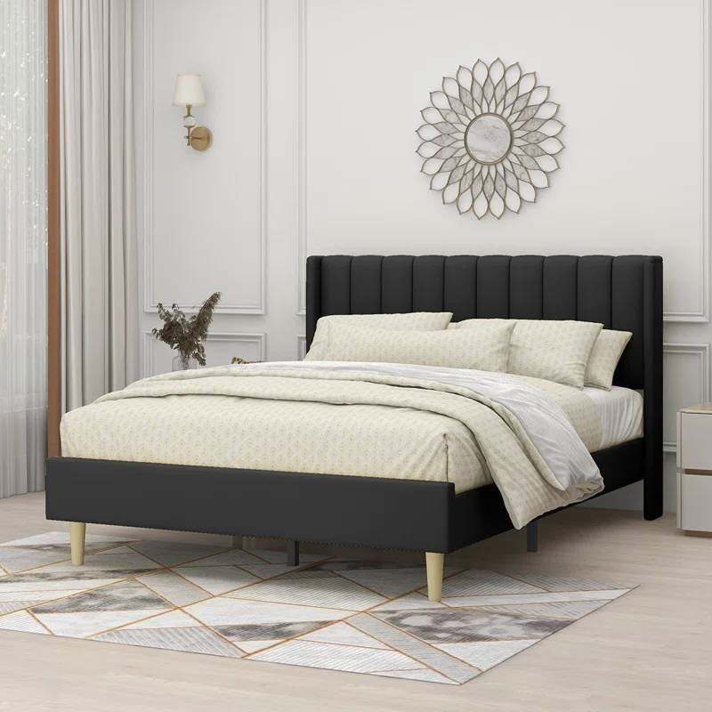 Queen Black Linen Platform Bed with Headboard