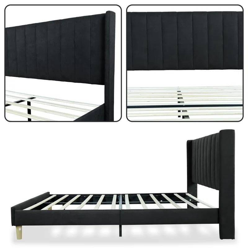Queen Black Linen Platform Bed with Headboard