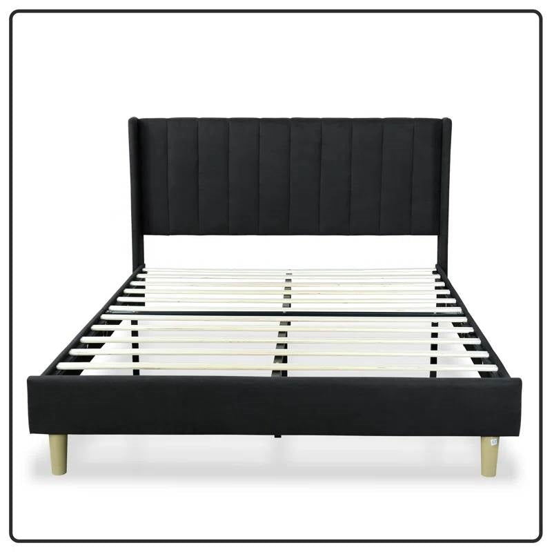 Queen Black Linen Platform Bed with Headboard