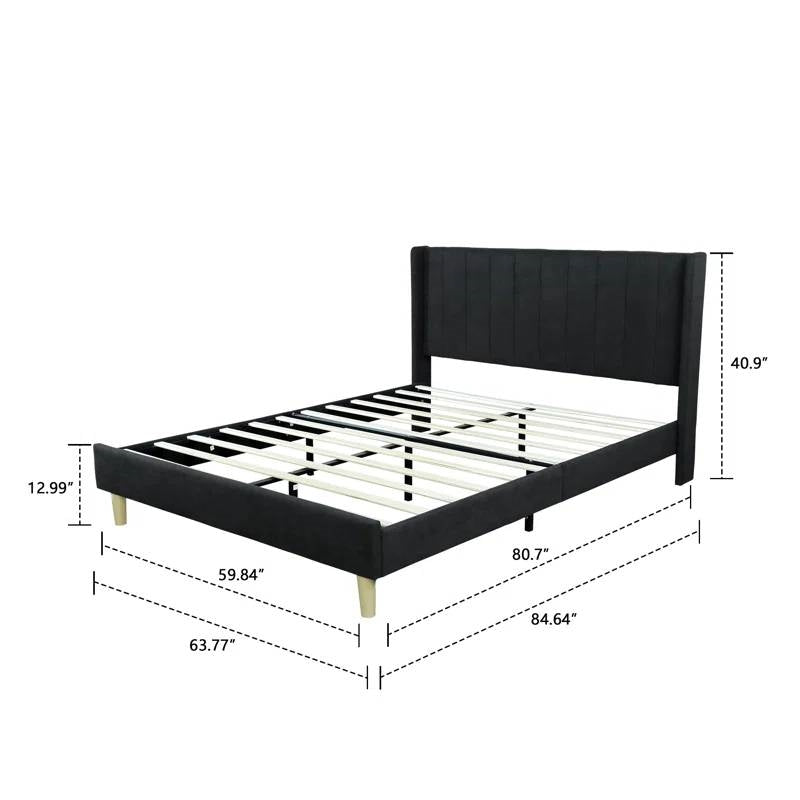Queen Black Linen Platform Bed with Headboard