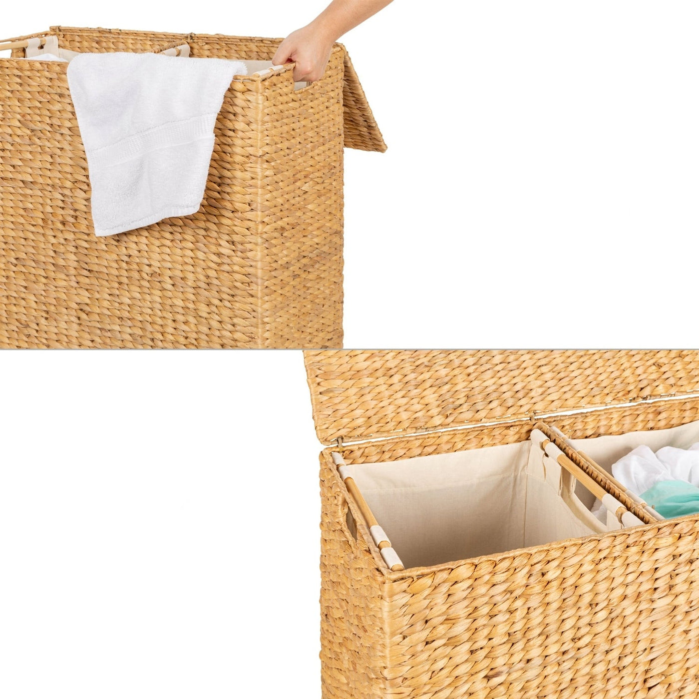 Two-Bin Hyacinth Laundry Hamper with Linen Liners