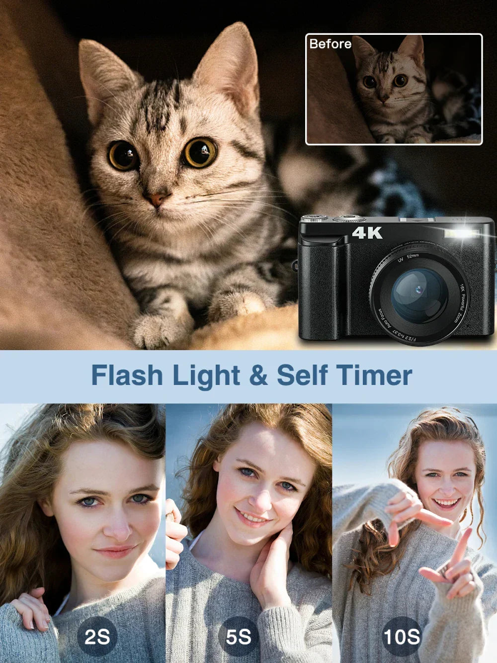 4K Digital Camera with Autofocus Anti-Shake Black