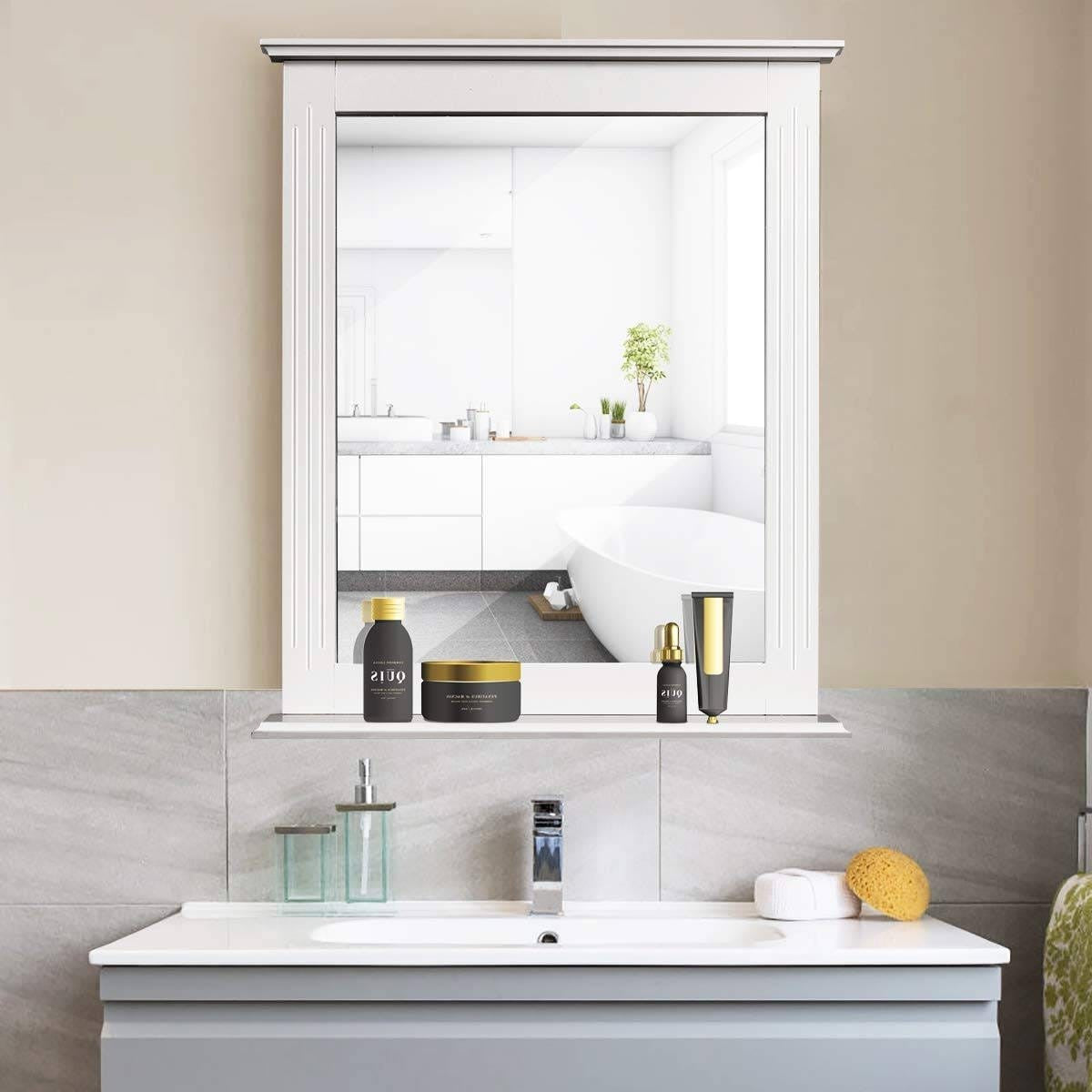 White Bathroom Wall Mirror with Bottom Shelf