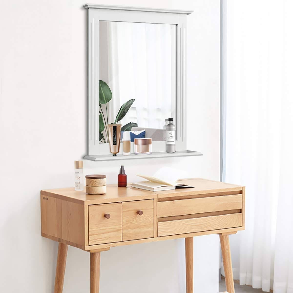 White Bathroom Wall Mirror with Bottom Shelf