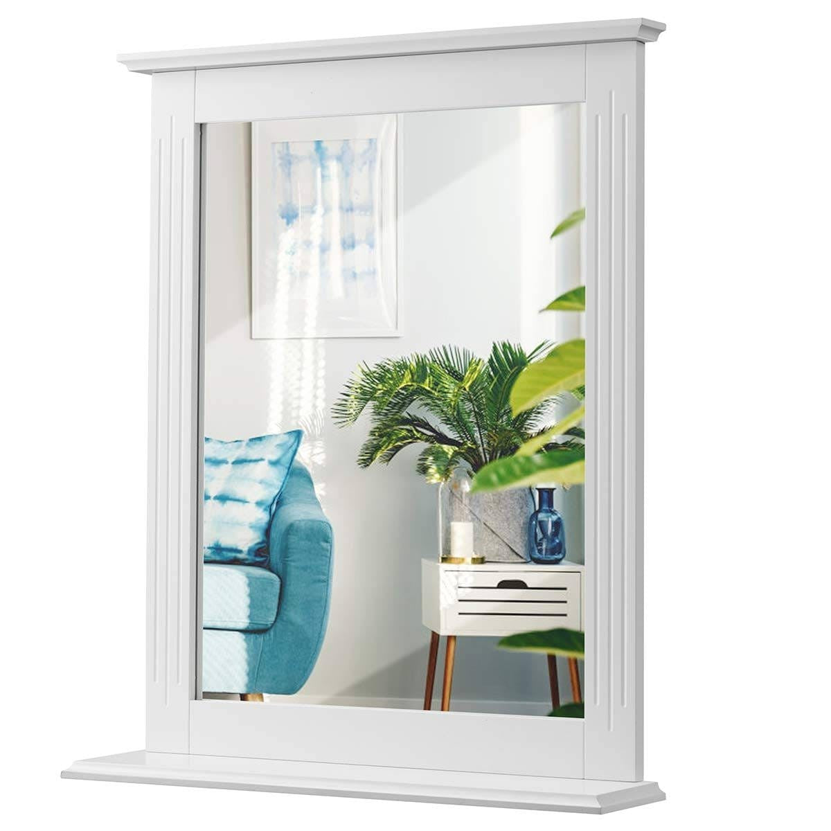 White Bathroom Wall Mirror with Bottom Shelf