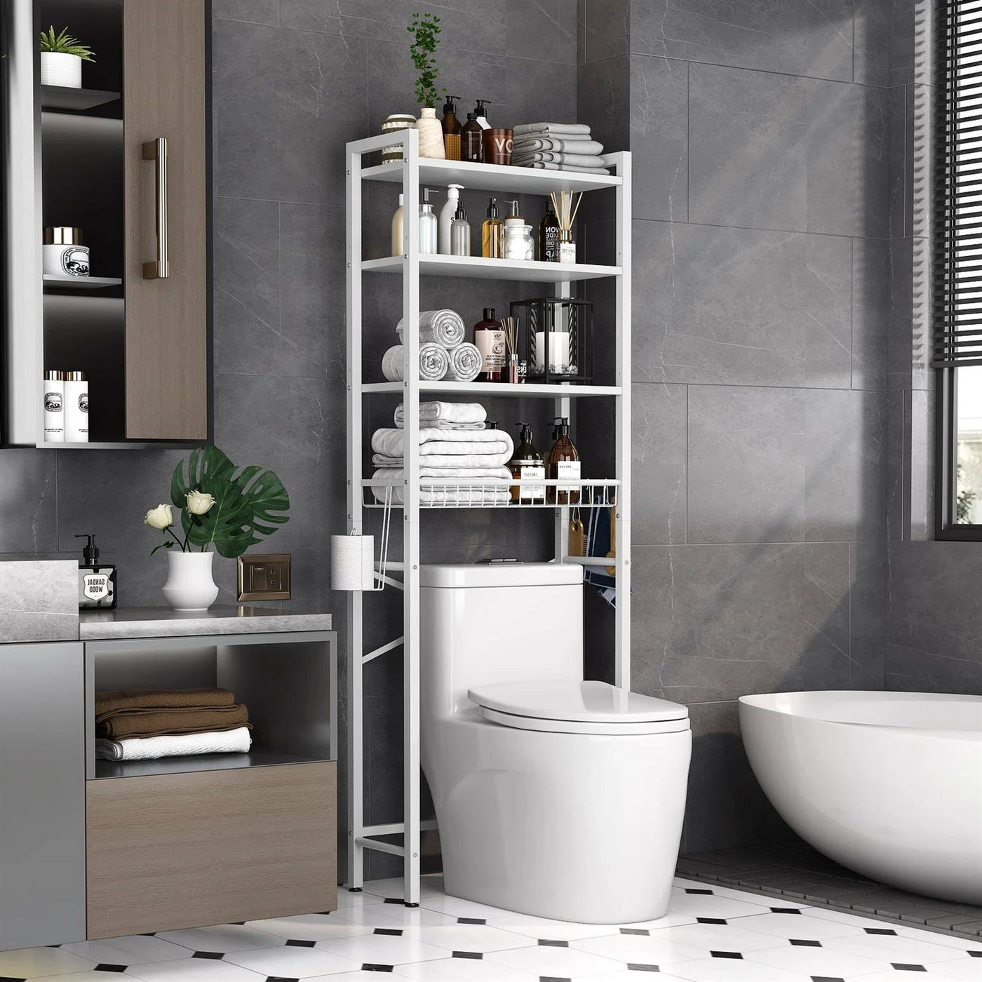 White Over-Toilet Metal and Wood Shelving Unit