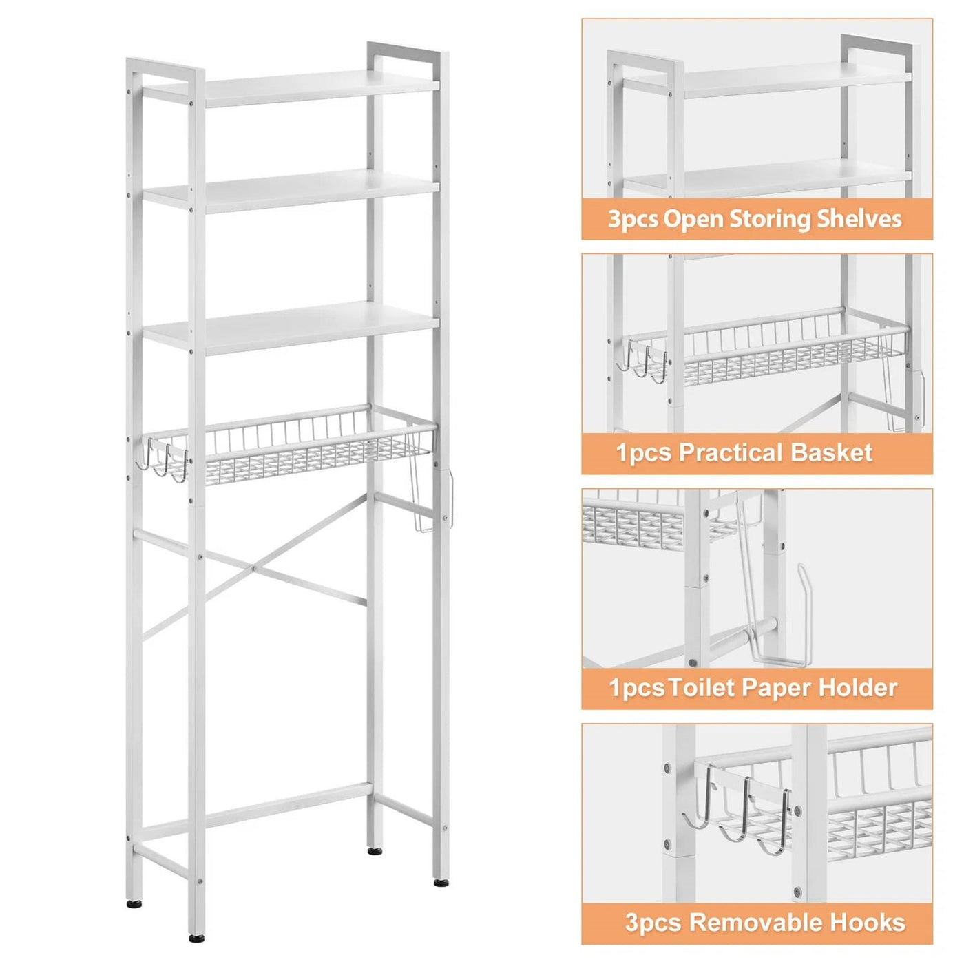 White Over-Toilet Metal and Wood Shelving Unit