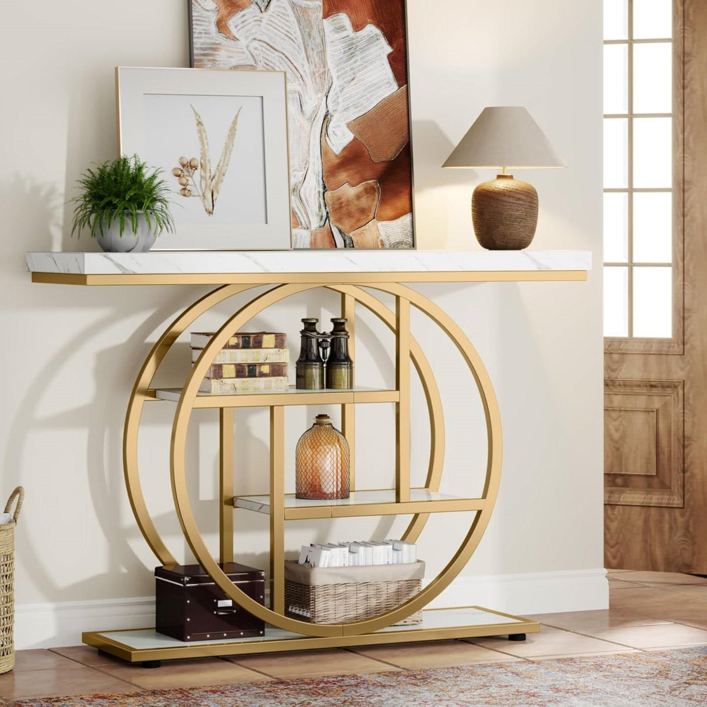 Round Gold Console Table with Faux Marble Shelves