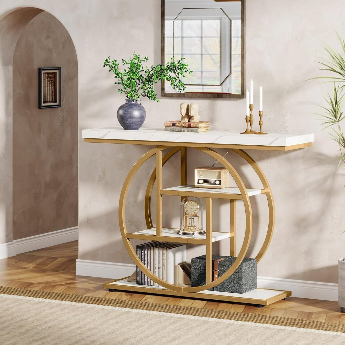 Round Gold Console Table with Faux Marble Shelves