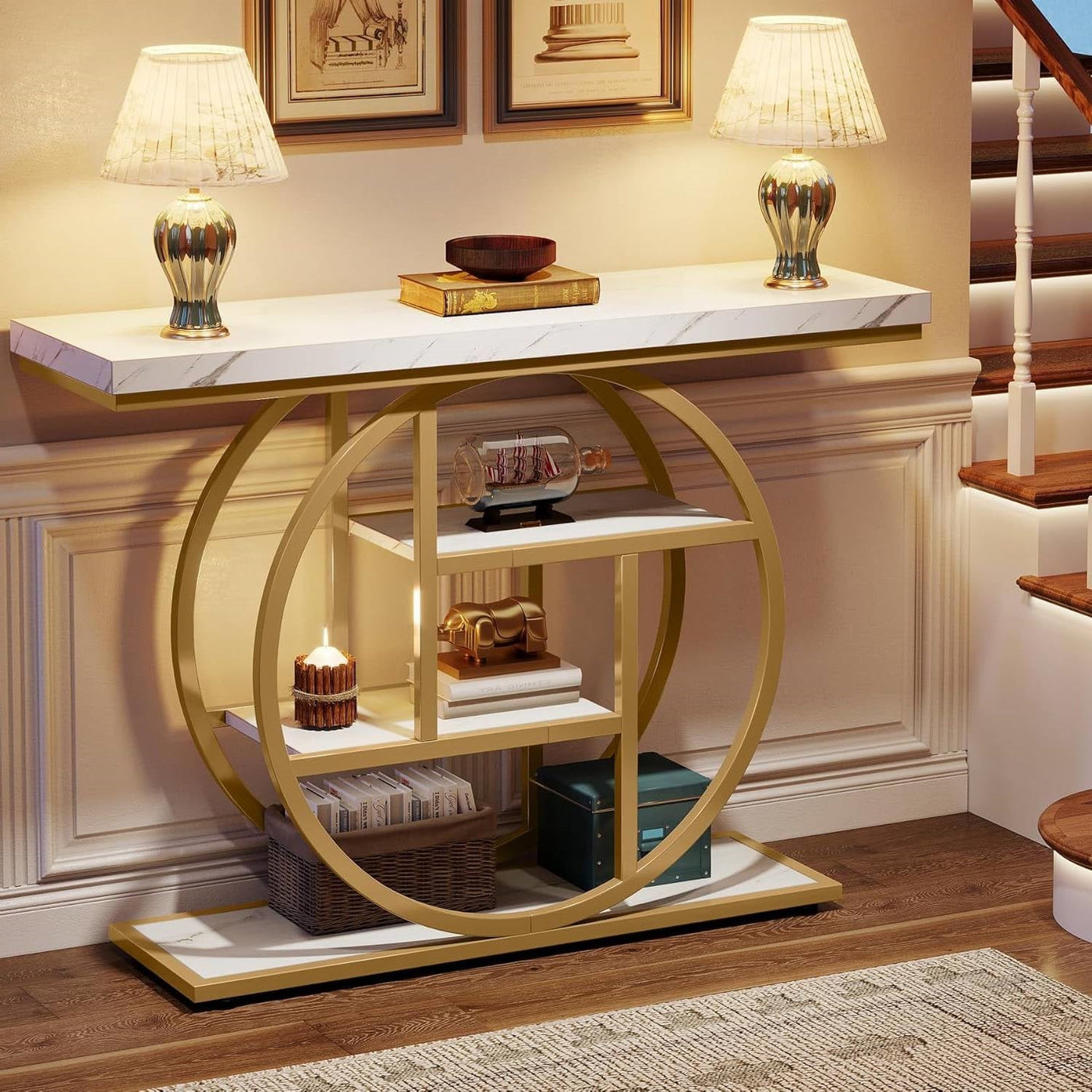 Round Gold Console Table with Faux Marble Shelves
