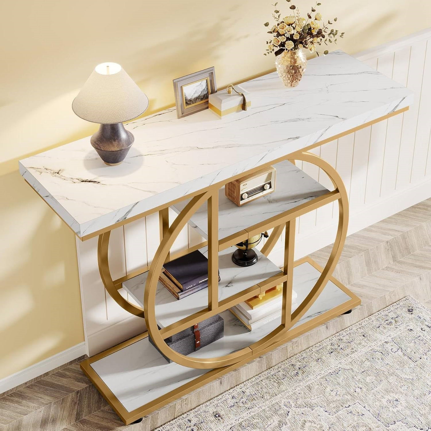 Round Gold Console Table with Faux Marble Shelves