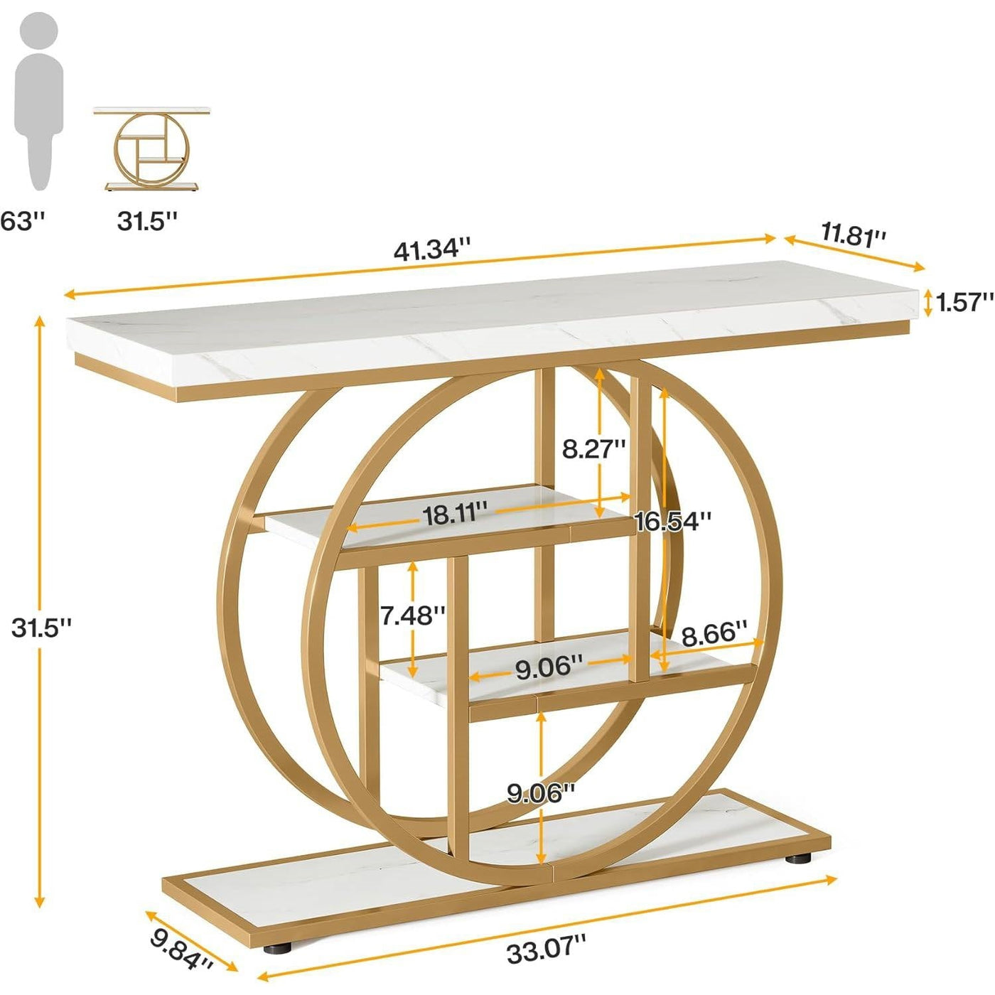 Round Gold Console Table with Faux Marble Shelves