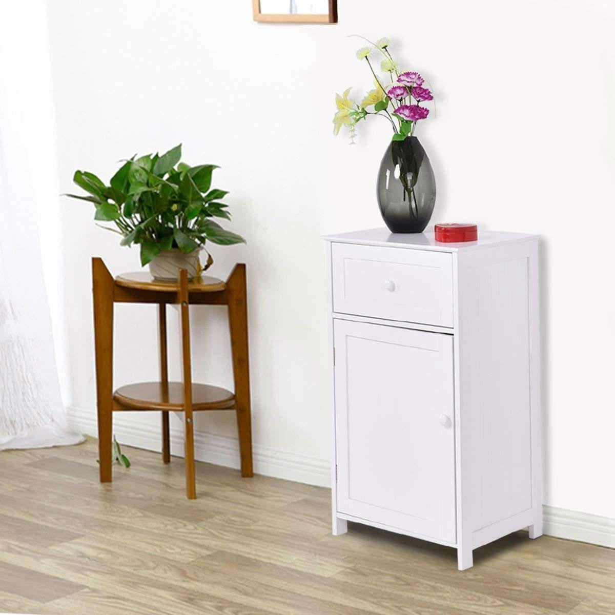 White Wood Bathroom Floor Storage Cabinet