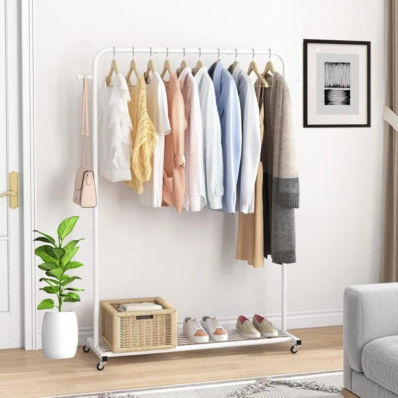White Rolling Garment Rack with Lockable Wheels