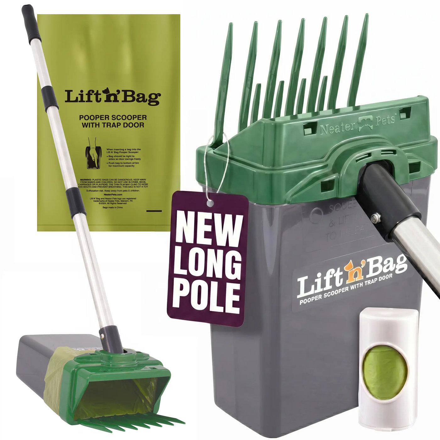 Neater Pets Lift N' Bag Dog Pooper Scooper, NEW 31” Longer Pole - Scoop-To-Bag Design, One-Handed Operation, Extra-Large Bags, Made in USA