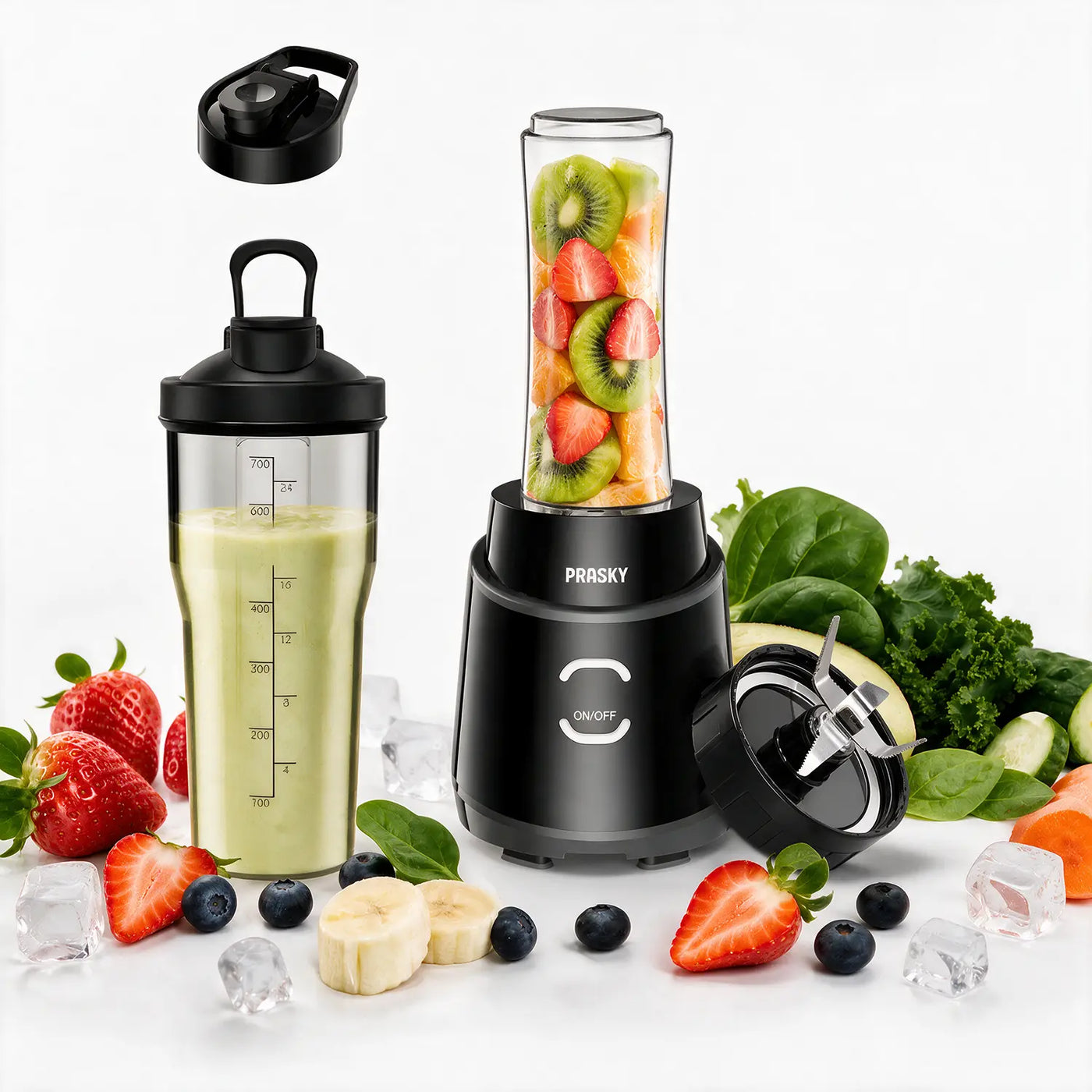 Prasky Pro Smoothie Blender 900W ,Personal Blender with 2 BPA Portable Cups (20Oz + 24Oz), Crushes Ice, Frozen Fruit, Nuts & Spices, Makes Baby Food & Sauces, Easy to Clean, Perfect for Home, Gym & Office, Blenders for Kitchen, Personal Blender for Smoot