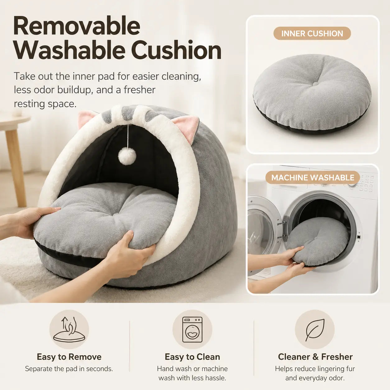 Rescue Kitten Bed - Plush Enclosed Kitten Condo, Warm Fleece Interior Cave, Washable Collapsible Calming Hideaway, Non-Slip Base Circle Cushion for Indoor Small Felines