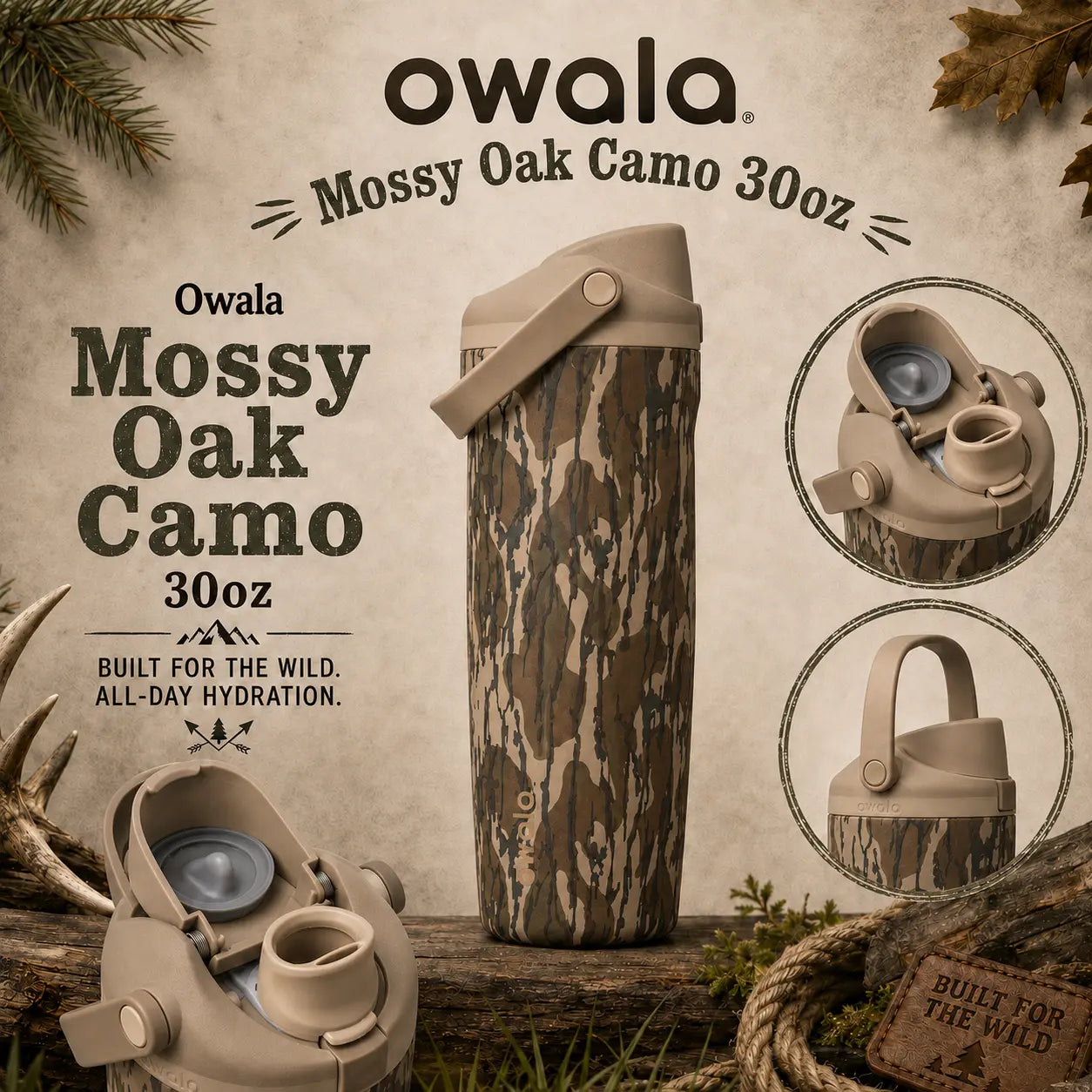 Owala Camo 30Oz Freesip Sway Insulated Stainless Steel Bottle for Hunting, Fishing, Camping, Work & Road Trips