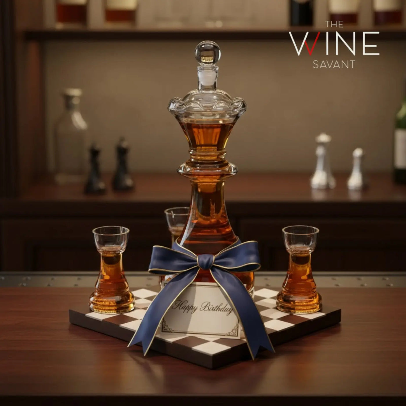 Chess Decanter Set - Wine and Whiskey Decanter with 4 Rook Shot Glasses and Elegant Queen Decanter