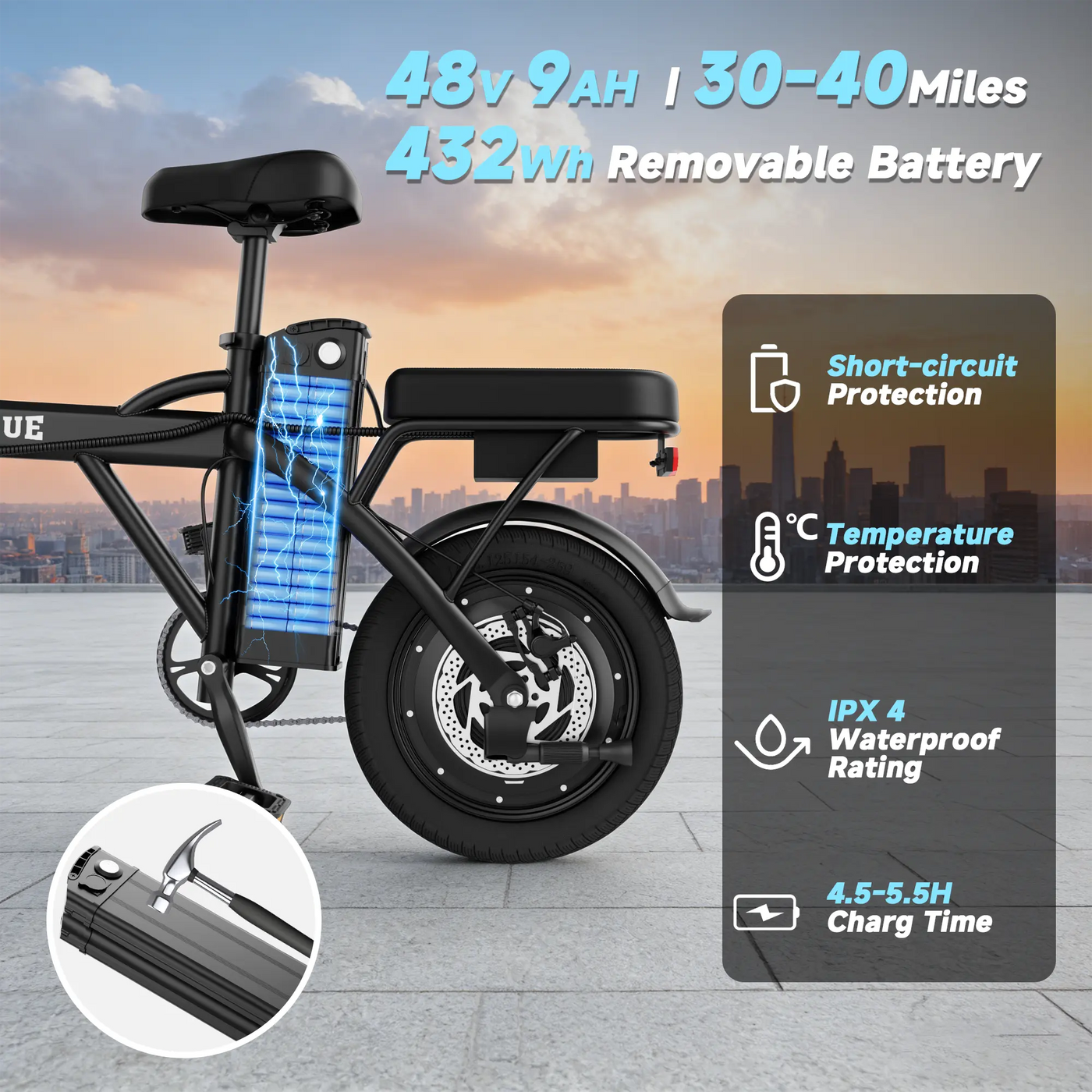 【Voltvogue-Ladped】 Electric Bike | 750W Peak Power | Top Speed 22 MPH | 14" Pneumatic Tires | 22–40 Mile Range | Dual Seat | Single Brake Lever | Height Adjustable Seat【 VT14】