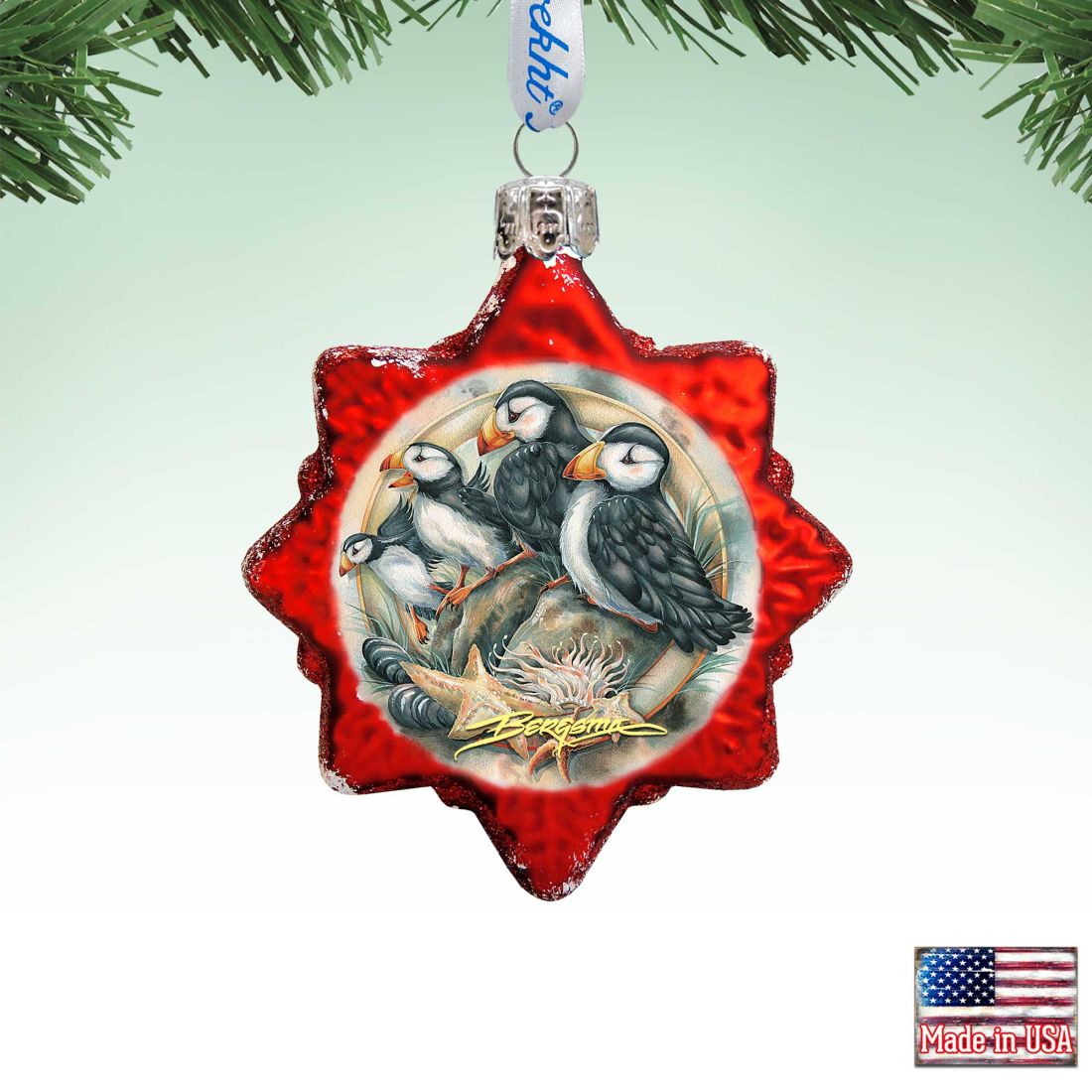 J. Bergsma Puffins Mercury Glass Ornament