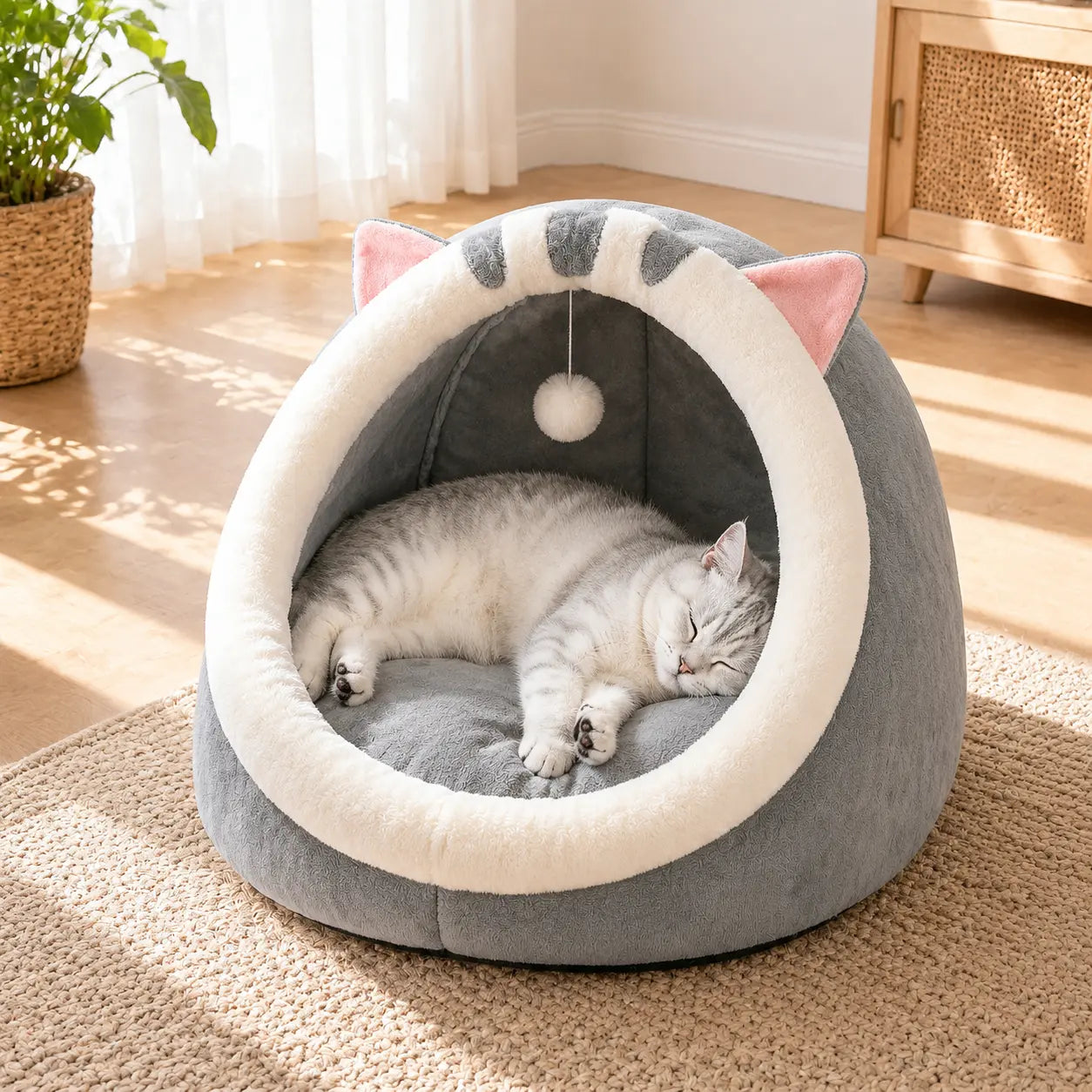 Rescue Kitten Bed - Plush Enclosed Kitten Condo, Warm Fleece Interior Cave, Washable Collapsible Calming Hideaway, Non-Slip Base Circle Cushion for Indoor Small Felines