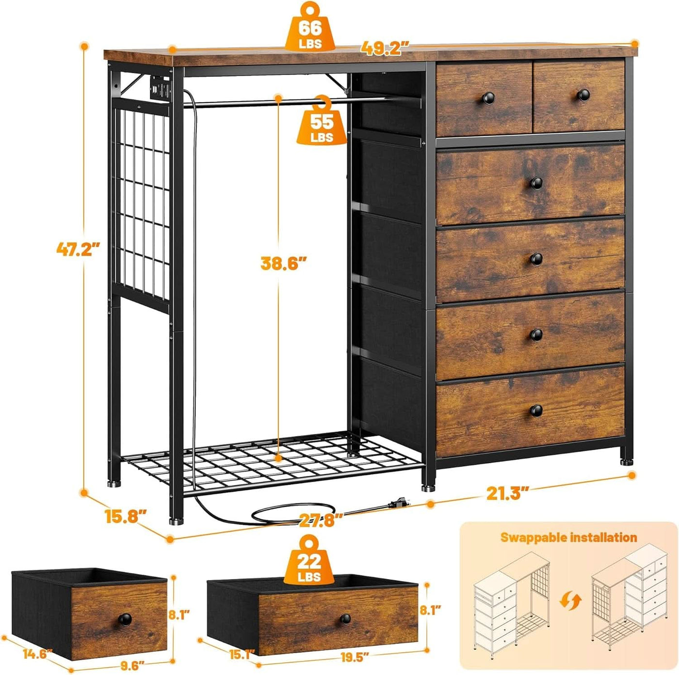 49-inch Rustic Brown Dresser with Clothes Rack and LEDs