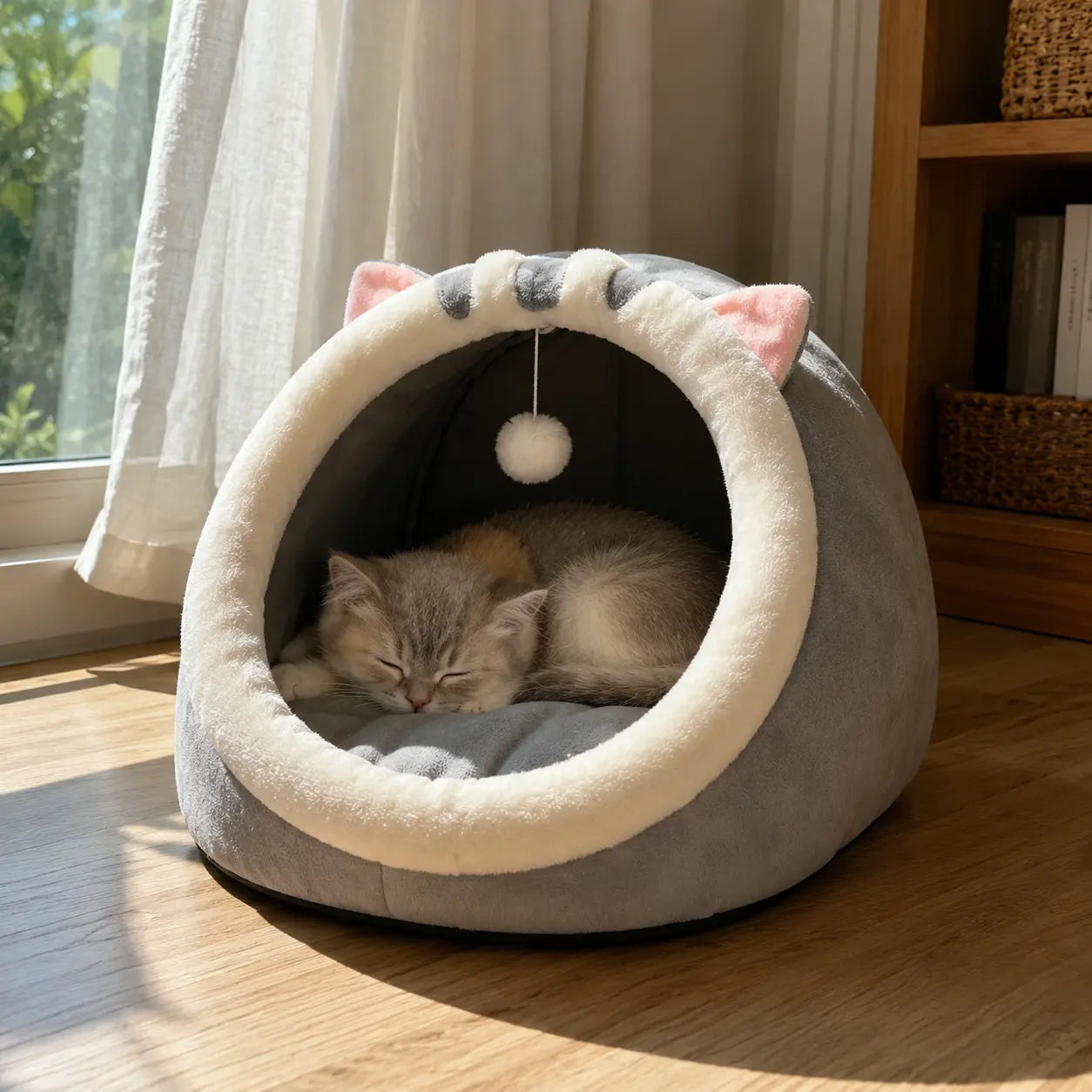 Rescue Kitten Bed - Plush Enclosed Kitten Condo, Warm Fleece Interior Cave, Washable Collapsible Calming Hideaway, Non-Slip Base Circle Cushion for Indoor Small Felines