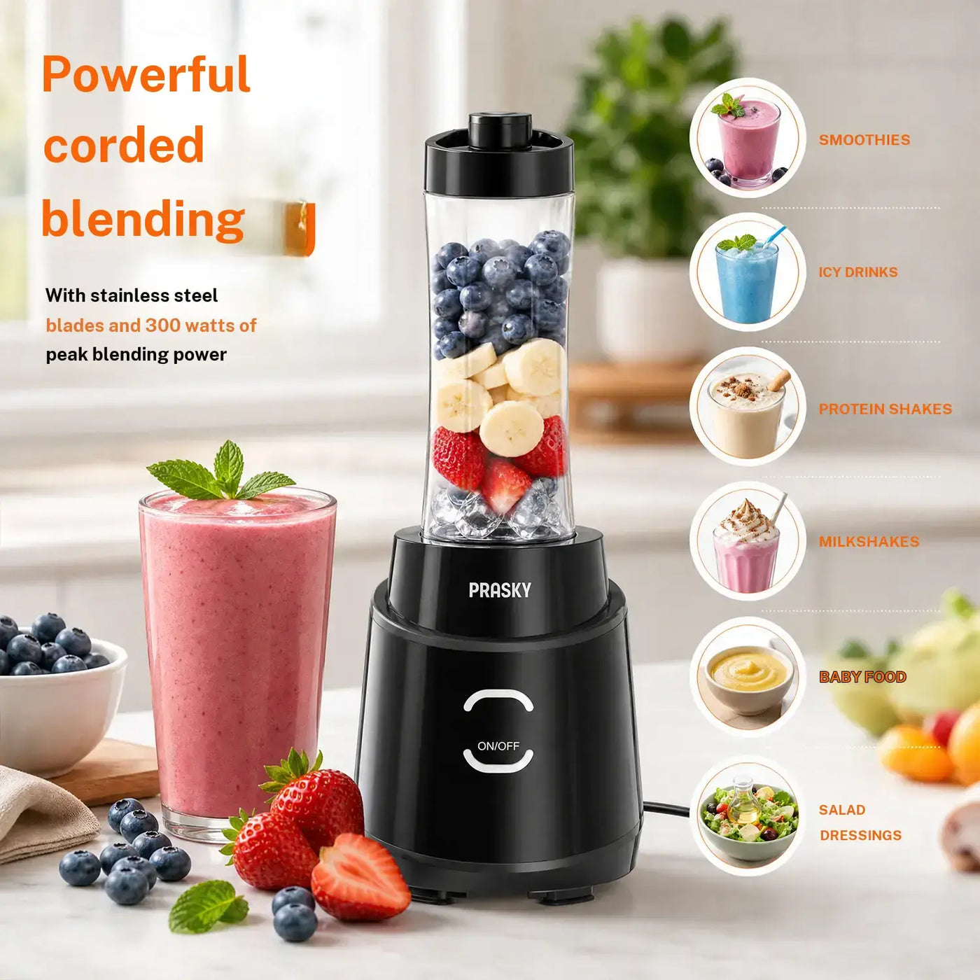 Prasky Pro Smoothie Blender 900W ,Personal Blender with 2 BPA Portable Cups (20Oz + 24Oz), Crushes Ice, Frozen Fruit, Nuts & Spices, Makes Baby Food & Sauces, Easy to Clean, Perfect for Home, Gym & Office, Blenders for Kitchen, Personal Blender for Smoot