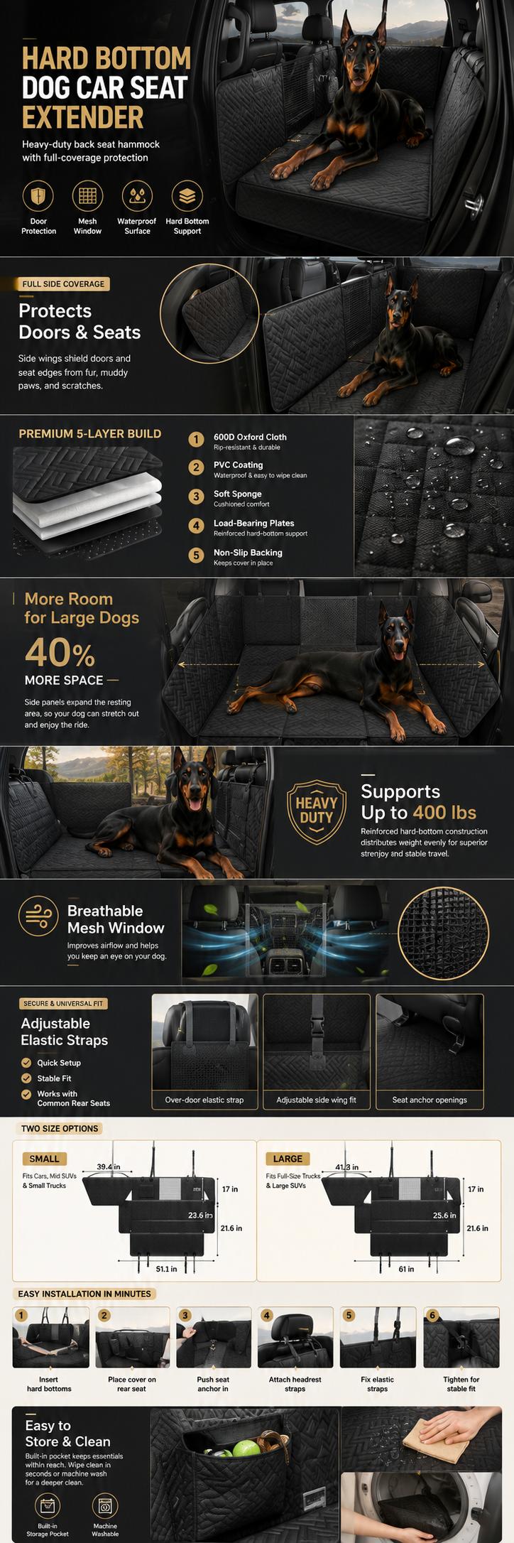 Quilted hard-bottom dog back seat extender with mesh window and size guide
